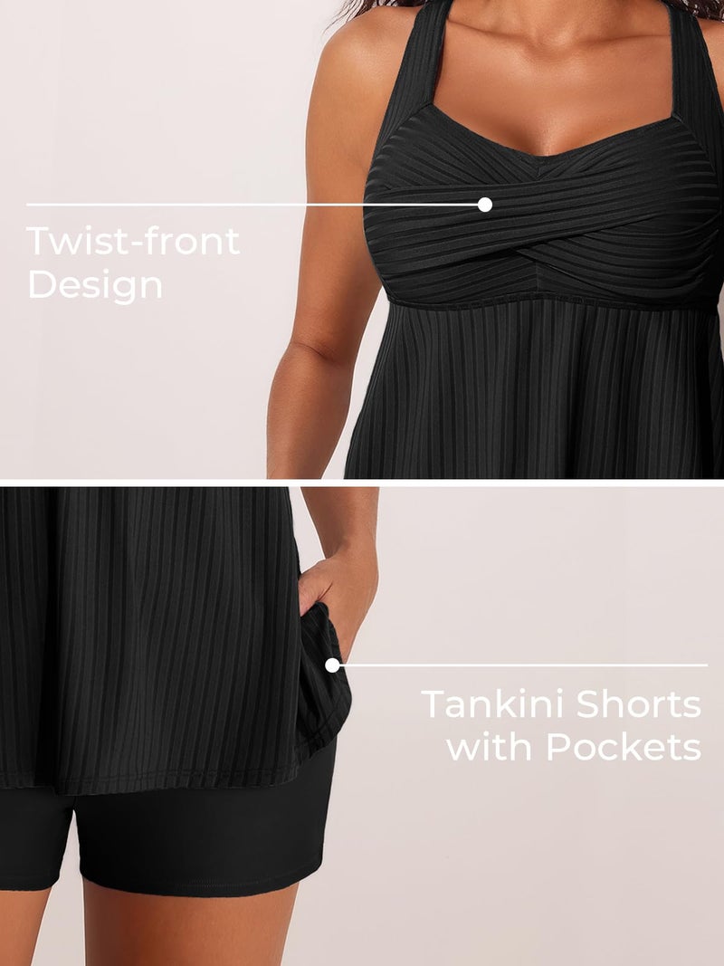 MiYang Tankini Swimsuits for Women 2026 Tummy Control Modest Flowy Two Piece Bathing Suits Top with Pockets Shorts Black Size XL - Image 5