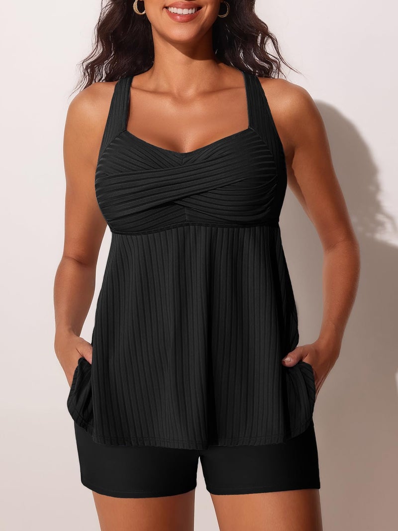 MiYang Tankini Swimsuits for Women 2026 Tummy Control Modest Flowy Two Piece Bathing Suits Top with Pockets Shorts Black Size XL - Image 3