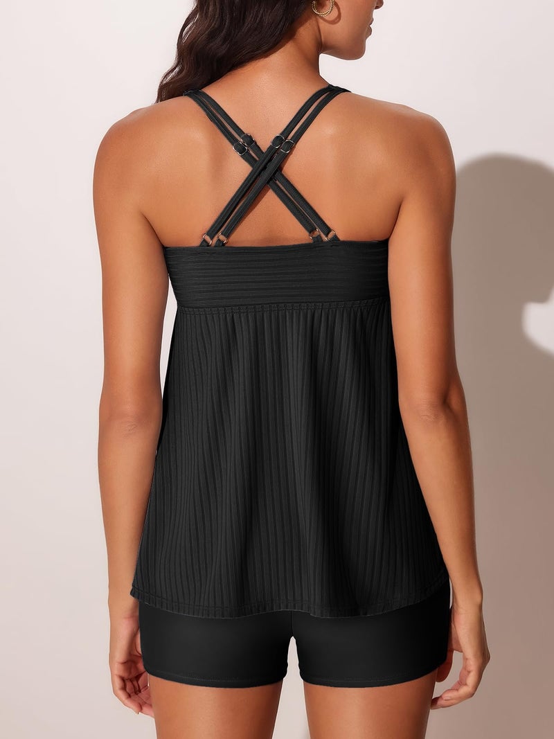 MiYang Tankini Swimsuits for Women 2026 Tummy Control Modest Flowy Two Piece Bathing Suits Top with Pockets Shorts Black Size XL - Image 2