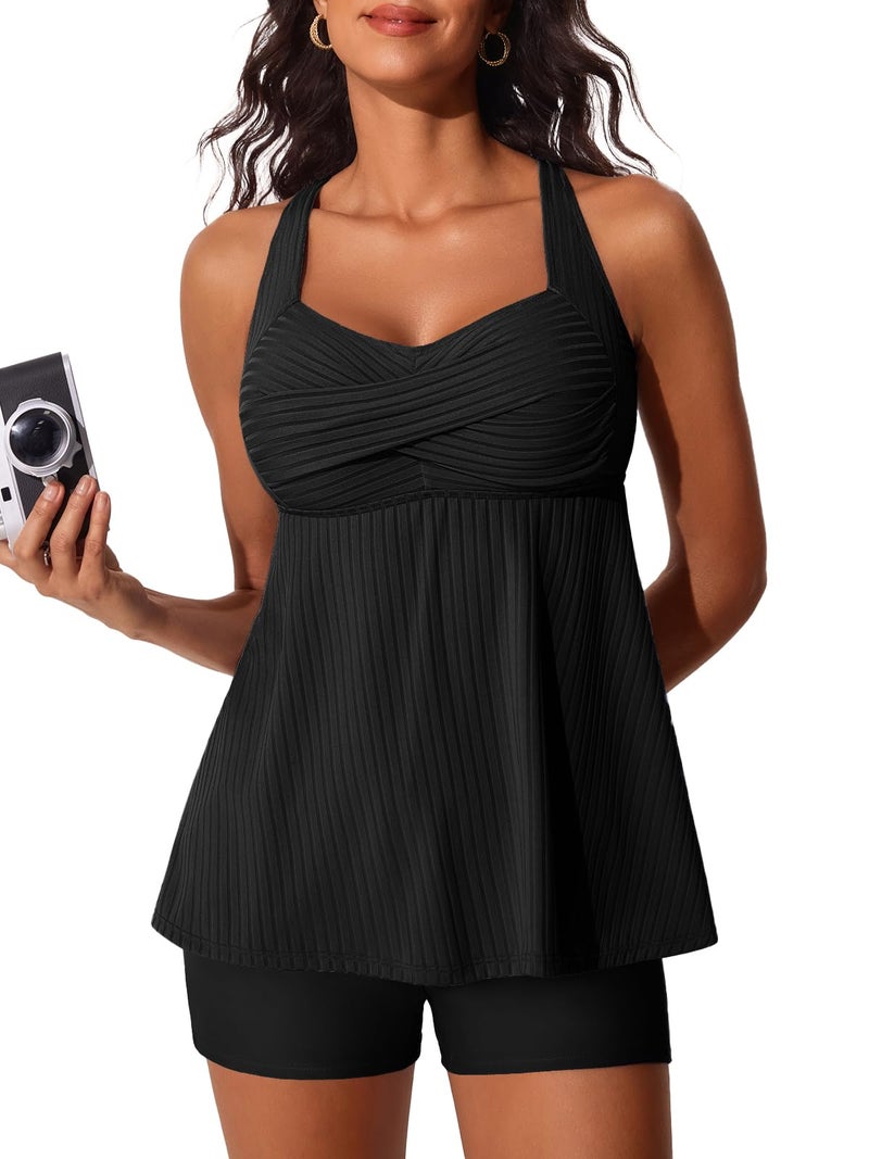 MiYang Tankini Swimsuits for Women 2026 Tummy Control Modest Flowy Two Piece Bathing Suits Top with Pockets Shorts Black Size XL - Image 1
