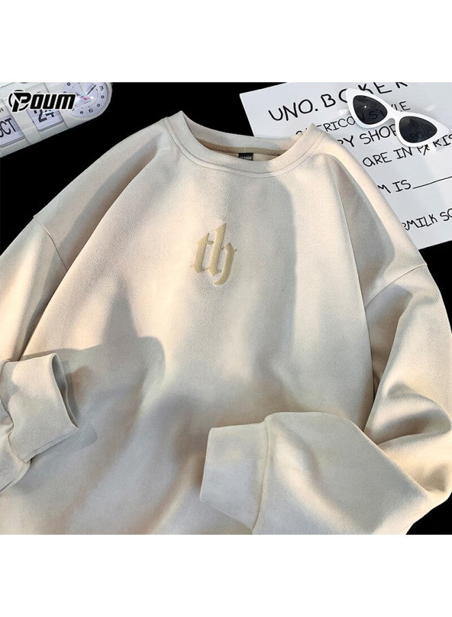 Poum American Style Suede Fleece Sweatshirt Men's Spring Autumn Youth Trendy Long Sleeve Y300 Beige 2XL - Image 1