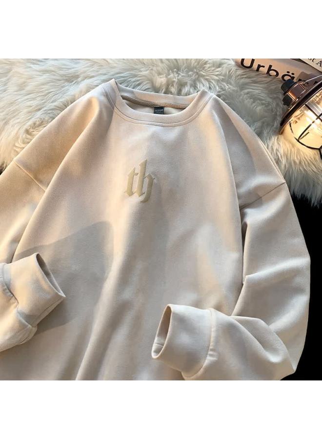 Poum American Style Suede Fleece Sweatshirt Men's Spring Autumn Youth Trendy Long Sleeve Y300 Beige 2XL - Image 3