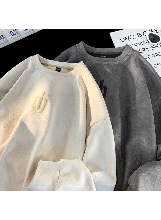Poum American Style Suede Fleece Sweatshirt Men's Spring Autumn Youth Trendy Long Sleeve Y300 Beige 2XL - Image 4