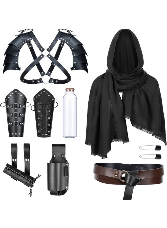 Medieval Knight Renaissance Costume Accessories Set with Hooded Cape, Shoulder Armor, Wrist Bracers, and Belt - Image 1