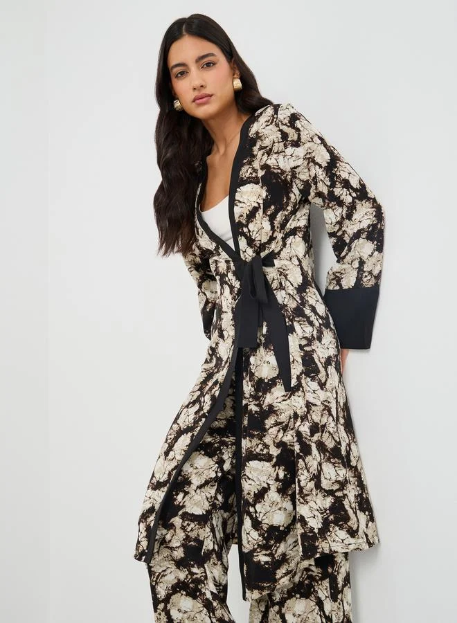 Take Two Take Two Floral Print Tie Waist Kimono with Wide Leg Pants Set