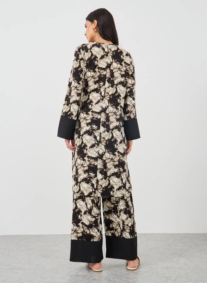 تايك تو Take Two Floral Print Tie Waist Kimono with Wide Leg Pants Set