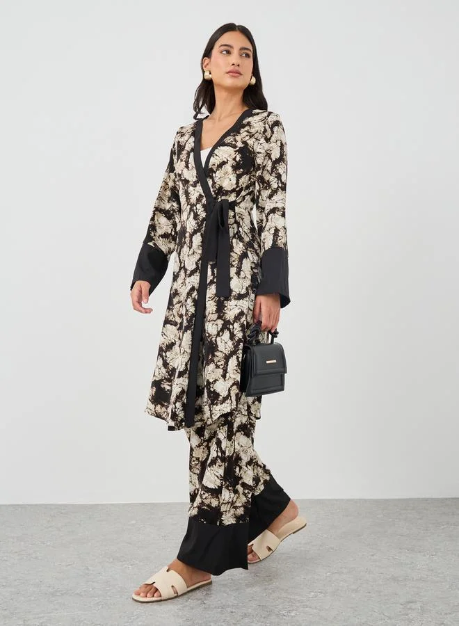 Take Two Take Two Floral Print Tie Waist Kimono with Wide Leg Pants Set