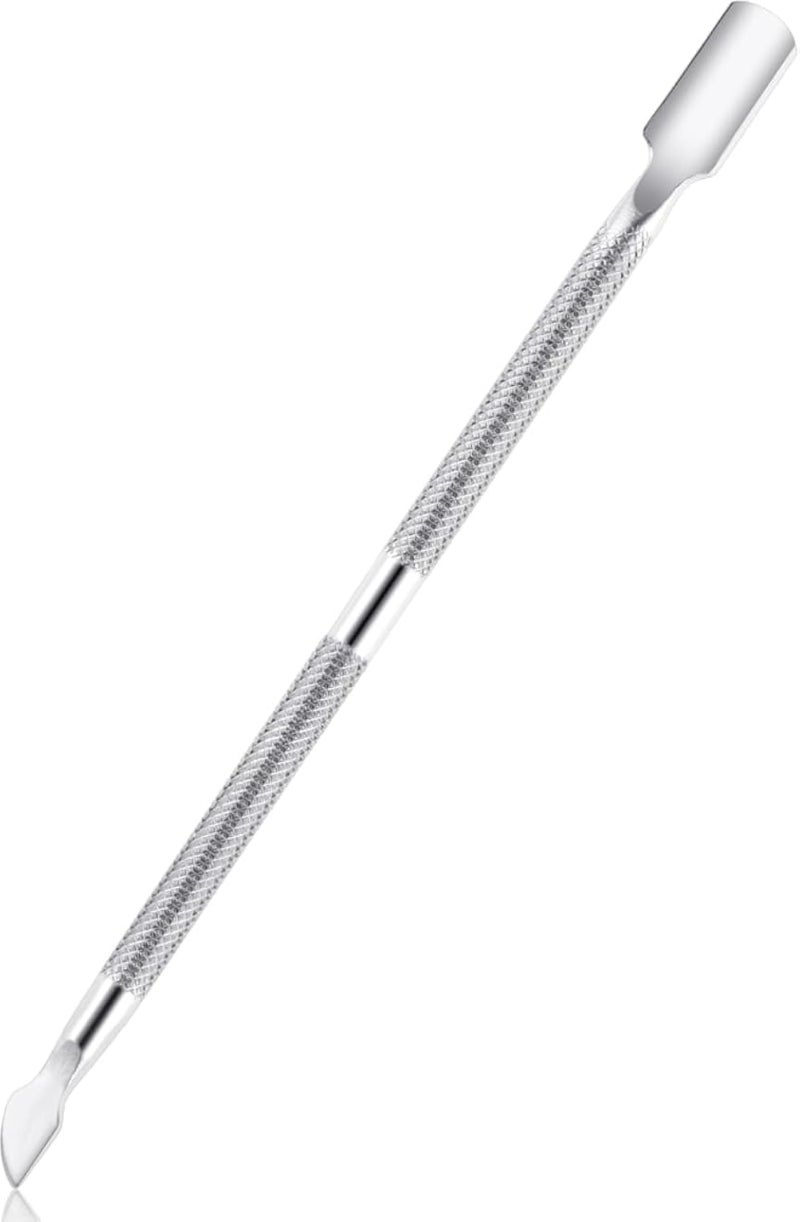 أداة دفع الجلد الميت المعدنية ذات الوجهين للعناية بالأظافر واليدين والقدمين، مصنوعة من الفولاذ المقاوم للصدأ بحافة منحنية، بجودة احترافية تضاهي صالونات التجميل، لون فضي.