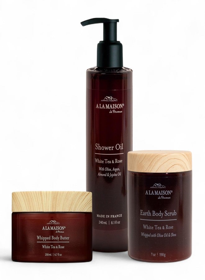 A La Maison Amber Collection White Tea & Rose Starter Kit - Shower Oil + Body Scrub + Body Butter – Gently Exfoliates & Softens Skin – French Formula, Plant-Based - Image 1