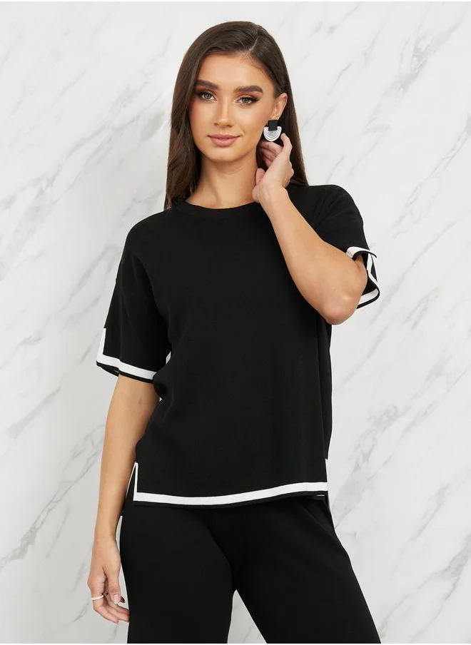 تايك تو Take Two Contrast Tipped Side Slit Detail Knit Blouse and Straight Leg Pant Set
