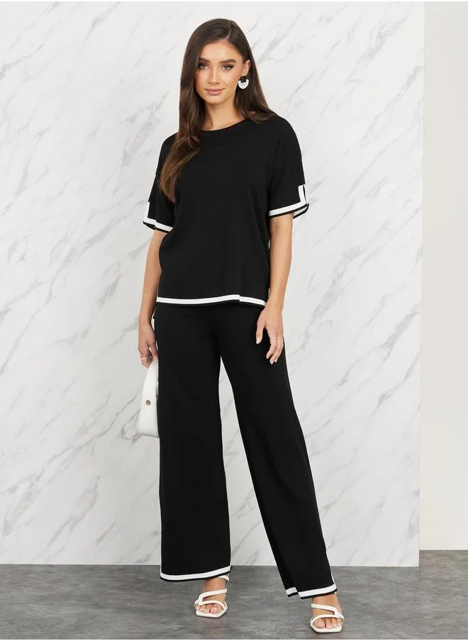 تايك تو Take Two Contrast Tipped Side Slit Detail Knit Blouse and Straight Leg Pant Set