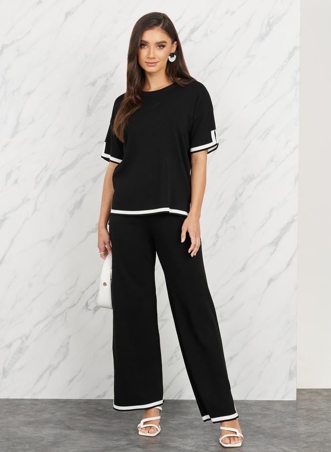 Take Two Take Two Contrast Tipped Side Slit Detail Knit Blouse and Straight Leg Pant Set - Image 1