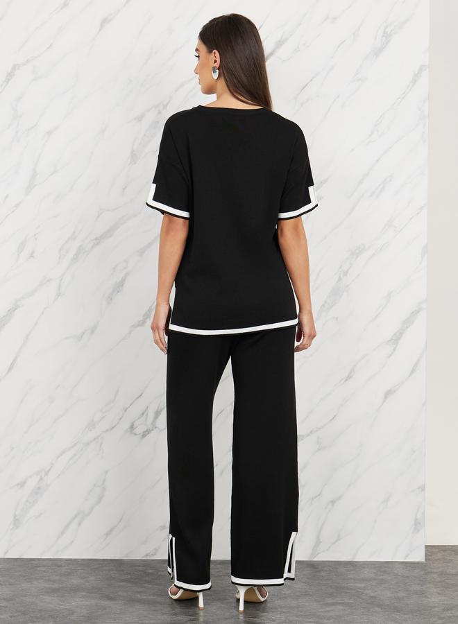 Take Two Take Two Contrast Tipped Side Slit Detail Knit Blouse and Straight Leg Pant Set - Image 4