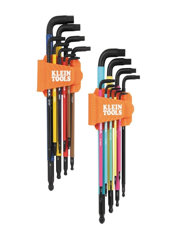 Klein Tools BLS18 Hex Key Wrench Set, Color Coded, SAE and Metric, Heat-Treated, L-Style, Long Arm and Ball End, 1/16-Inch to 3/8-Inch and 1.5 mm to 10 mm, 18-Piece - Image 1