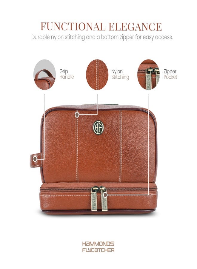 Hammonds Flycatcher 11 Cms Genuine Leather Toiletry Bag For Men, Tan Dopp Kit, Travel Accessory- Toiletry Kit, Large Shaving Kit Bag, Grooming Kit Organizer, Hand Stitched Vanity Case - Image 4