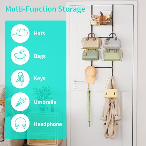 HapiRm Over The Door Purse Organizer - Wall Mounted Purse Rack with 10 Hooks and Metal Basket, Hanging Handbag Organizer Holds up to 10 Bags, Bag Rack Can Use As 1/2 Part, for Door, Closet (Black) - Image 3