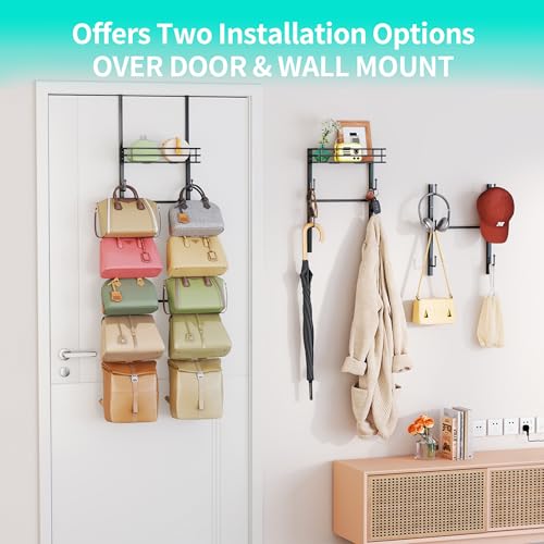 HapiRm Over The Door Purse Organizer - Wall Mounted Purse Rack with 10 Hooks and Metal Basket, Hanging Handbag Organizer Holds up to 10 Bags, Bag Rack Can Use As 1/2 Part, for Door, Closet (Black) - Image 5