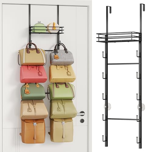 HapiRm Over The Door Purse Organizer - Wall Mounted Purse Rack with 10 Hooks and Metal Basket, Hanging Handbag Organizer Holds up to 10 Bags, Bag Rack Can Use As 1/2 Part, for Door, Closet (Black) - Image 1