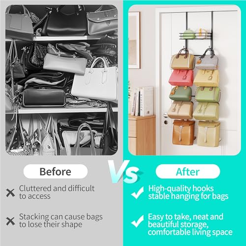 HapiRm Over The Door Purse Organizer - Wall Mounted Purse Rack with 10 Hooks and Metal Basket, Hanging Handbag Organizer Holds up to 10 Bags, Bag Rack Can Use As 1/2 Part, for Door, Closet (Black) - Image 4