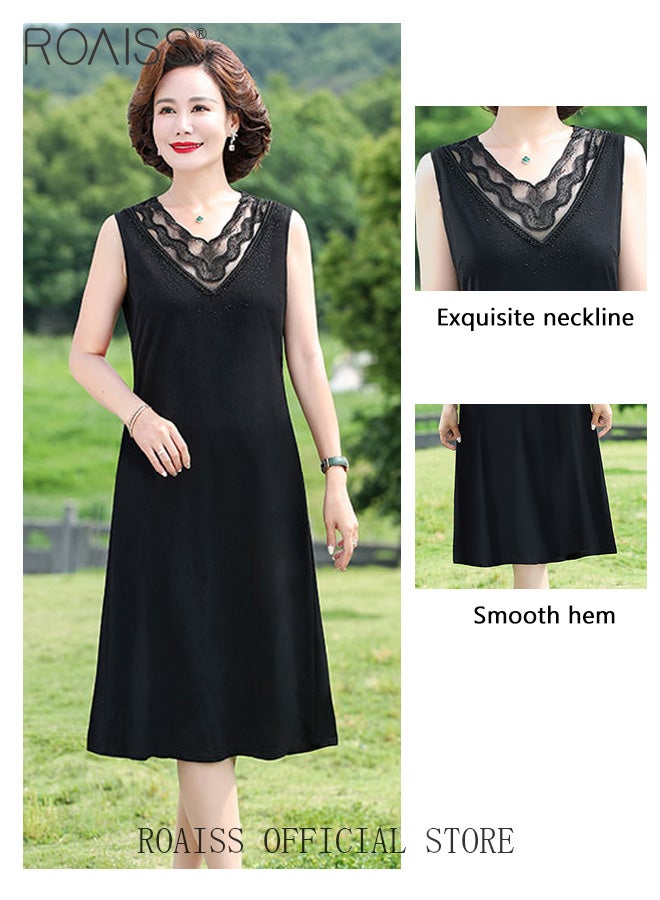 roaiss 2 Piece Casual Suit For Women, Mid-Length Sleeves, Long Outerwear And Knee-Length Skirt, Knitted Hollow Design Jacket, Solid Color Lace Element Collar Sleeveless Long Skirt  - Image 5