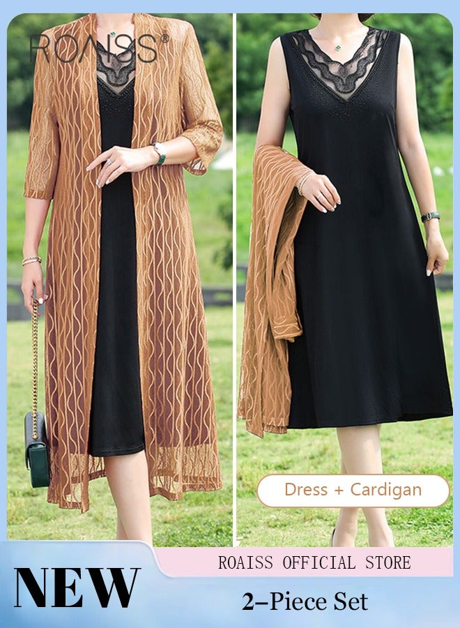 roaiss 2 Piece Casual Suit For Women, Mid-Length Sleeves, Long Outerwear And Knee-Length Skirt, Knitted Hollow Design Jacket, Solid Color Lace Element Collar Sleeveless Long Skirt  - Image 1