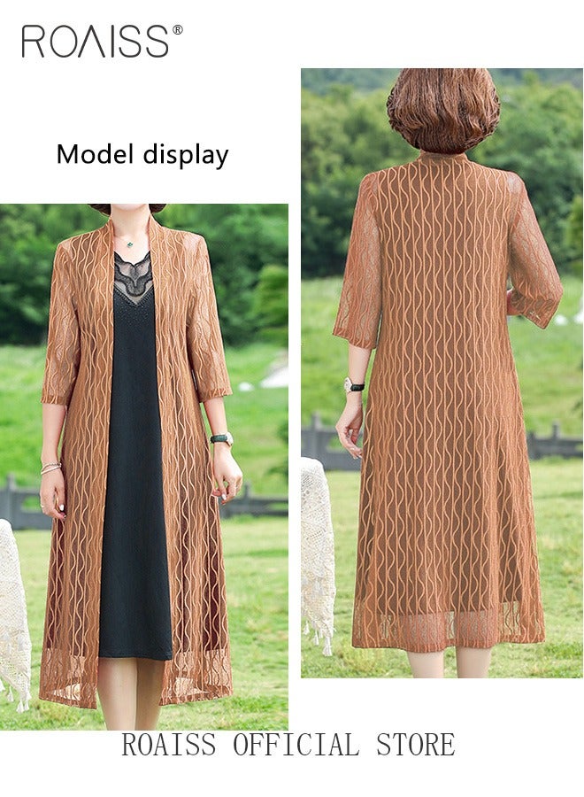 roaiss 2 Piece Casual Suit For Women, Mid-Length Sleeves, Long Outerwear And Knee-Length Skirt, Knitted Hollow Design Jacket, Solid Color Lace Element Collar Sleeveless Long Skirt  - Image 2