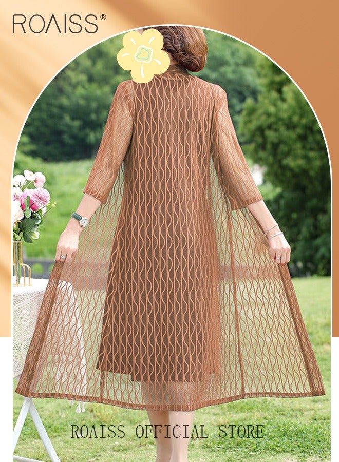 roaiss 2 Piece Casual Suit For Women, Mid-Length Sleeves, Long Outerwear And Knee-Length Skirt, Knitted Hollow Design Jacket, Solid Color Lace Element Collar Sleeveless Long Skirt  - Image 3