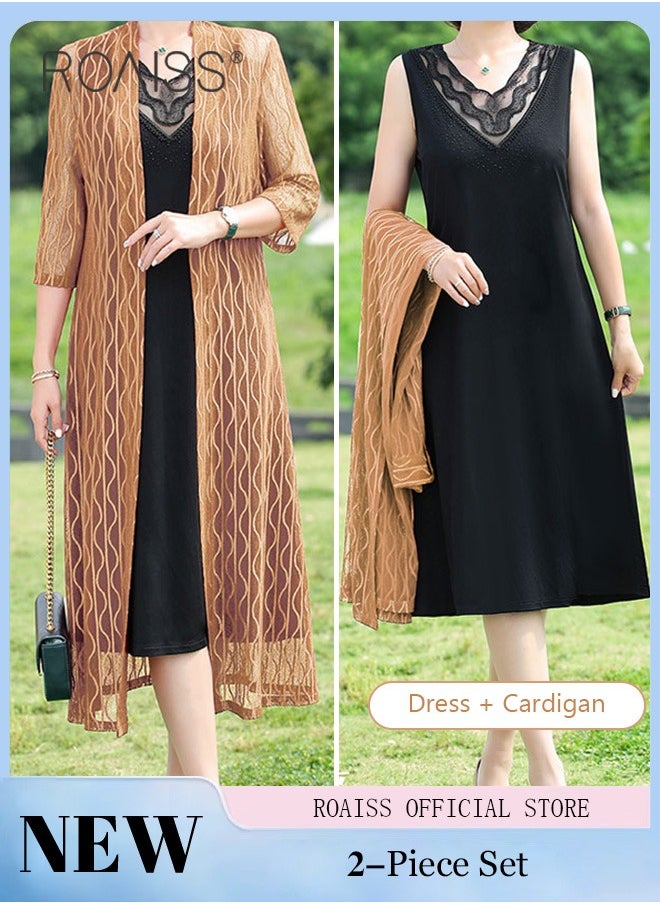 2 Piece Casual Suit For Women, Mid-Length Sleeves, Long Outerwear And Knee-Length Skirt, Knitted Hollow Design Jacket, Solid Color Lace Element Collar Sleeveless Long Skirt - pzsku/ZFF2B615284CD2657BE75Z/45/_/1728718249/fe3a6188-b39e-43ba-a0e9-fa071946911a