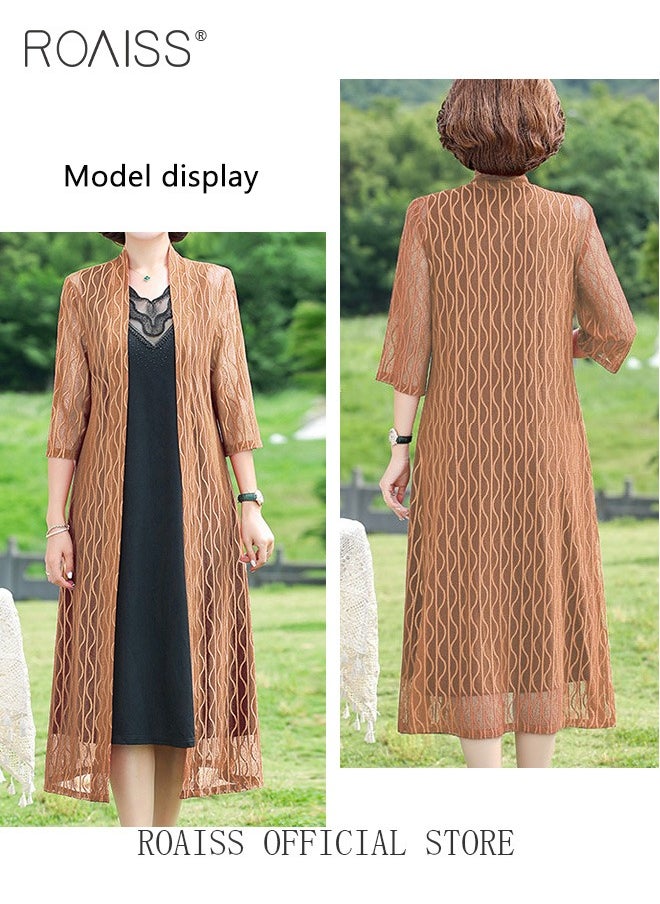 2 Piece Casual Suit For Women, Mid-Length Sleeves, Long Outerwear And Knee-Length Skirt, Knitted Hollow Design Jacket, Solid Color Lace Element Collar Sleeveless Long Skirt - pzsku/ZFF2B615284CD2657BE75Z/45/_/1728718361/04901fc1-839c-4e21-9ccc-f68dcfea72d3