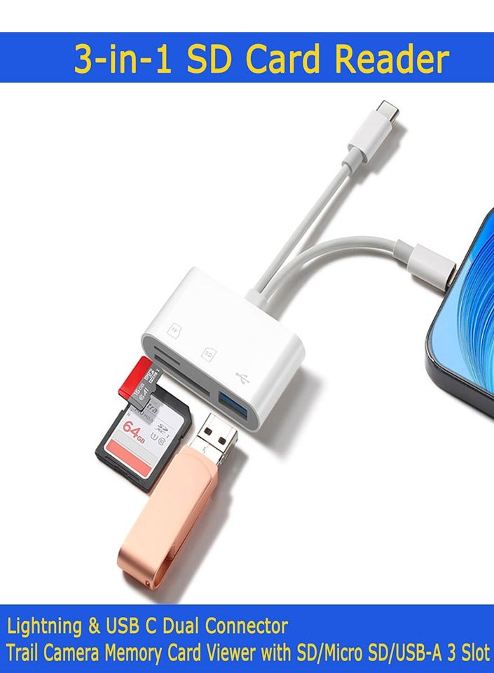 قارئ بطاقة SD لجهاز iPhone iPad Mac، محول كاميرا رقمية إلى iPhone Lightning وموصل USB C مزدوج، عارض بطاقة ذاكرة كاميرا Trail مع فتحة SD/Micro SD/USB-A 3، لا يوجد توصيل وتشغيل للتطبيقات - Image 1