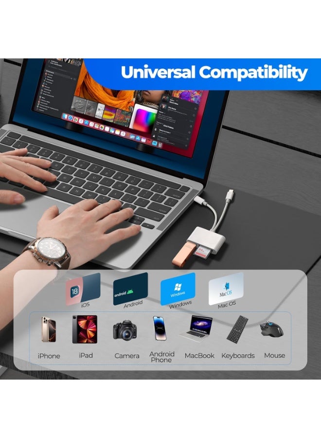 قارئ بطاقة SD لجهاز iPhone iPad Mac، محول كاميرا رقمية إلى iPhone Lightning وموصل USB C مزدوج، عارض بطاقة ذاكرة كاميرا Trail مع فتحة SD/Micro SD/USB-A 3، لا يوجد توصيل وتشغيل للتطبيقات - Image 3