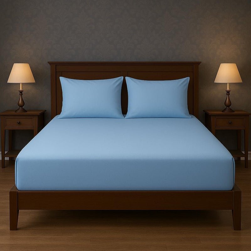 Cotton Bed Sheet with 2 Pillowcases, 3 Pieces Bedding - Hotel Luxury Bed Sheets Set (Baby Blue, 160 x 200 CM) - Image 1