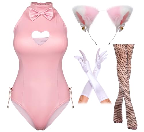 Yuriko Womens Bunny Costume Girl Suit Button Crotch Romper Onesie Bodysuit Cosplay Costume Furry Cat Ear Gloves Socks setPink M - Image 1