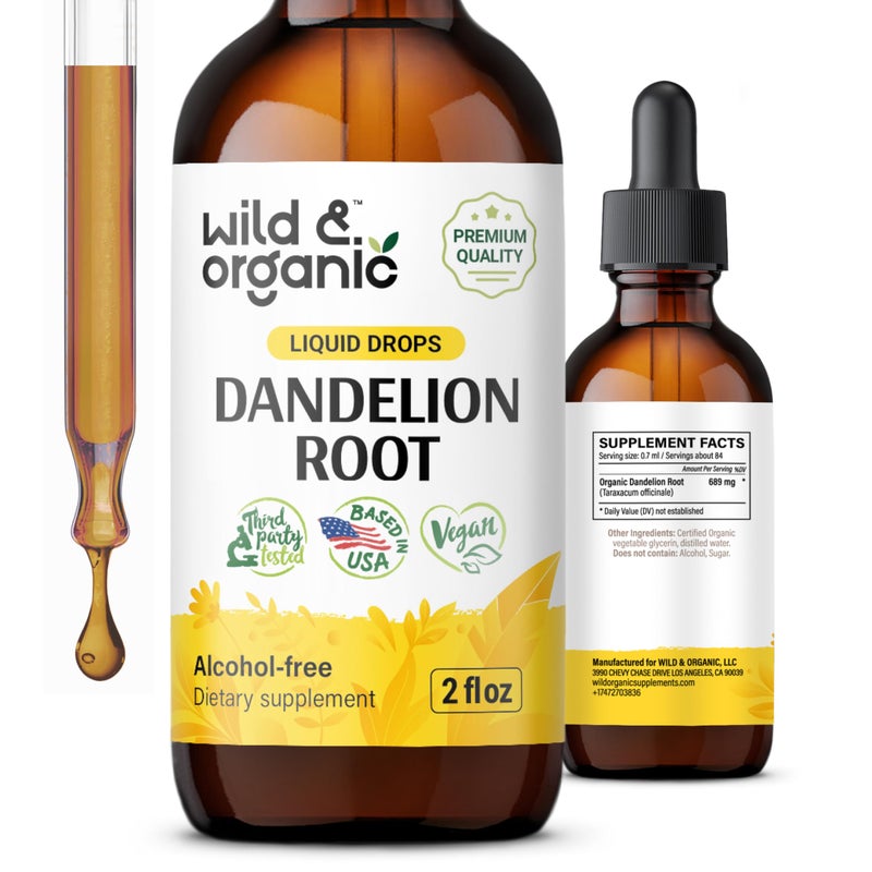 Wild & Organic Wild Organic Dandelion Root Supplement Drops Liver Cleanse Support Dandelion Root Tincture for Liver Detox Vegan Sugar AlcoholFree Liquid Extract 2 fl oz 