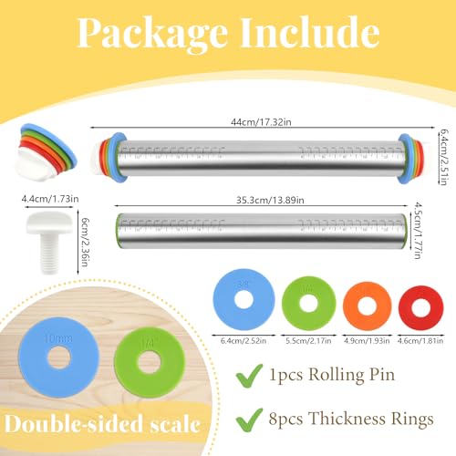PEASUG Adjustable Rolling Pin with 4 Thickness Rings for Baking 17 Stainless Steel Dough Roller with Clear Measurement Markings for Pizza Fondant Pie Cookies Baking Supplies Pastry Pasta - Image 3