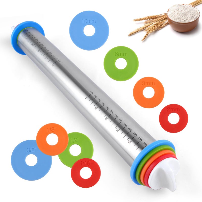 PEASUG Adjustable Rolling Pin with 4 Thickness Rings for Baking 17 Stainless Steel Dough Roller with Clear Measurement Markings for Pizza Fondant Pie Cookies Baking Supplies Pastry Pasta - Image 2