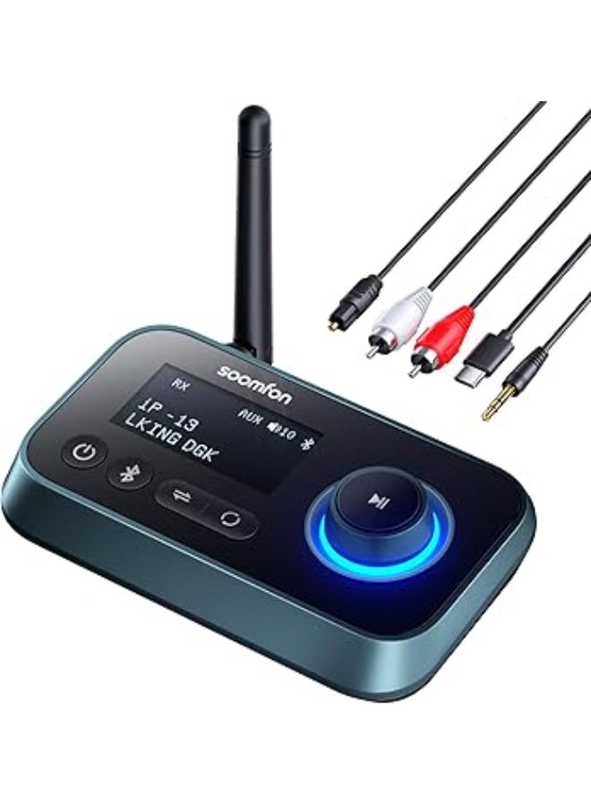 SOOMFON Bluetooth 5.0 TV Adapter with Volume Control – Long-Range Audio Transmitter up to 164 ft Supporting Two Headphones Simultaneously – Compatible with Optical, RCA, and AUX Connections for Flexible and Fast Setup – Delivers High-Fidelity, Low-Latency Sound Perfect for Movies, Music, and Gaming – Compact and Easy-to-Use Design for a Stable Wireless Audio Experience with All TVs and Sound Systems - Image 1