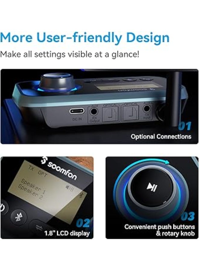 SOOMFON Bluetooth 5.0 TV Adapter with Volume Control – Long-Range Audio Transmitter up to 164 ft Supporting Two Headphones Simultaneously – Compatible with Optical, RCA, and AUX Connections for Flexible and Fast Setup – Delivers High-Fidelity, Low-Latency Sound Perfect for Movies, Music, and Gaming – Compact and Easy-to-Use Design for a Stable Wireless Audio Experience with All TVs and Sound Systems - Image 2