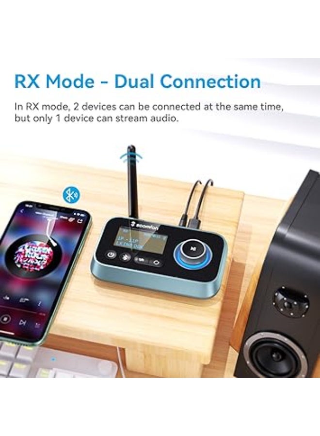 SOOMFON Bluetooth 5.0 TV Adapter with Volume Control – Long-Range Audio Transmitter up to 164 ft Supporting Two Headphones Simultaneously – Compatible with Optical, RCA, and AUX Connections for Flexible and Fast Setup – Delivers High-Fidelity, Low-Latency Sound Perfect for Movies, Music, and Gaming – Compact and Easy-to-Use Design for a Stable Wireless Audio Experience with All TVs and Sound Systems - Image 4