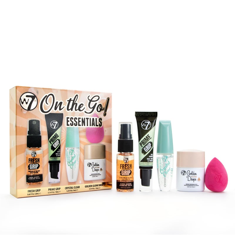 W7 On the Go Essentials Set - Mini Makeup Must-Haves with Primer, Setting Spray, Mascara, Golden Glow Bronzing Drops & Beauty Sponge - Travel or Handbag Size Essentials - Image 1