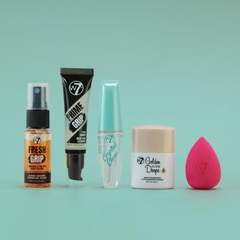 W7 On the Go Essentials Set - Mini Makeup Must-Haves with Primer, Setting Spray, Mascara, Golden Glow Bronzing Drops & Beauty Sponge - Travel or Handbag Size Essentials - Image 5