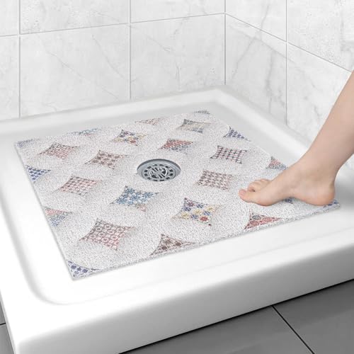 ZOESOE Square Shower Mat Non Slip 27x27 Inch Extra Large Shower Floor Mat with Drain Hole in Middle Soft PVC Loofah Bath Mat for Shower Anti Slip Shower Stall Mat for Elderly and Kids - Image 1