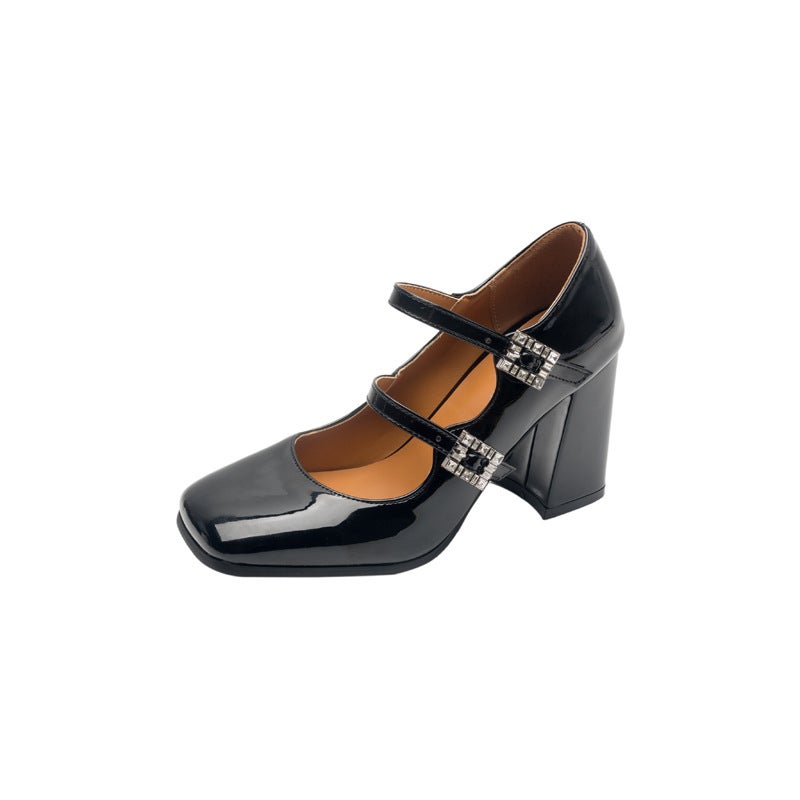 Spring 2024 Supply Elegant British Style High-Heeled 32-46 Plus Size Square Head Shallow Mouth Drilled Buckle Single Shoes - Image 1