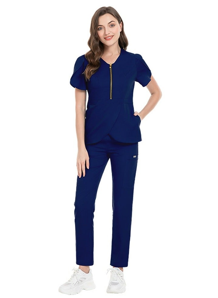 Loquat Womens Slim Fit Medical Uniform Scrubs 2 Piece Set V-Neck Zipper Top and Elastic Waist Pants Suit Navy Blue  - Image 1