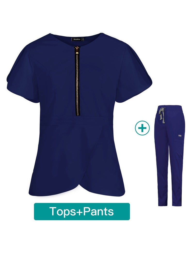 Loquat Womens Slim Fit Medical Uniform Scrubs 2 Piece Set V-Neck Zipper Top and Elastic Waist Pants Suit Navy Blue  - Image 3