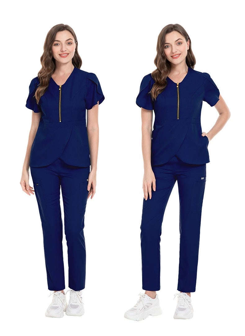 Loquat Womens Slim Fit Medical Uniform Scrubs 2 Piece Set V-Neck Zipper Top and Elastic Waist Pants Suit Navy Blue  - Image 2