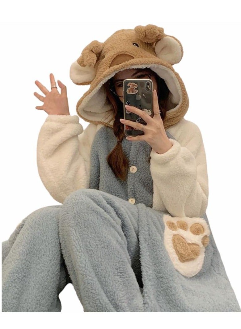 KUYING Velvet and Thickened Nightgown Cute Cartoon Home Fur Set