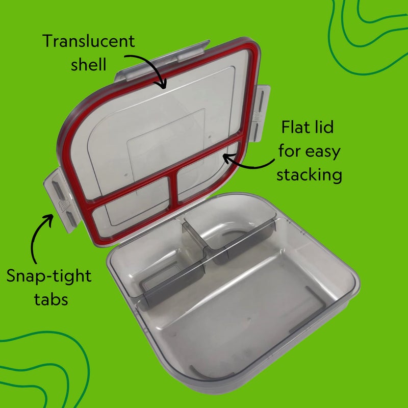 MyGo Container Large To-Go 3-Compartment Food Container, 9-3/8" X 9-3/8" X 2-1/2", Reusable, Microwave Safe, Smoke/Red - Image 3