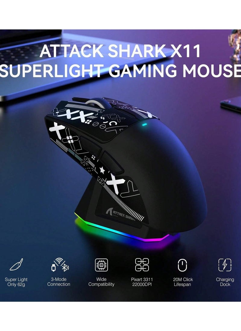 Attack Shark Lightweight Wireless Gaming Mouse, 63g, PixArt PAW3311 Gaming Sensor,  BT/2.4G Wireless/Wired with Magnetic Charging Dock And Tape For Better Grip, Attack Shark X11  - Image 3