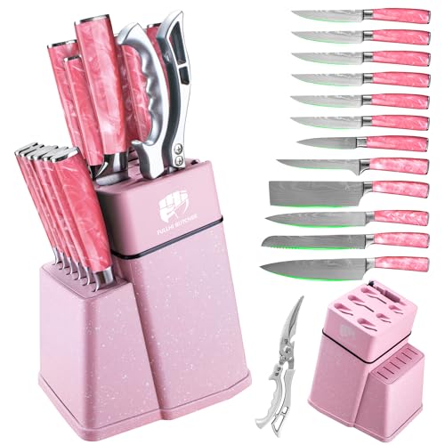 FULLHI 14pcs Block Knife Set, Chef's Knife Steak Knives Set with Block and Sharpener, Kitchen Knife Set, Multi-colour Handle, Gifts for Men Women - Image 1